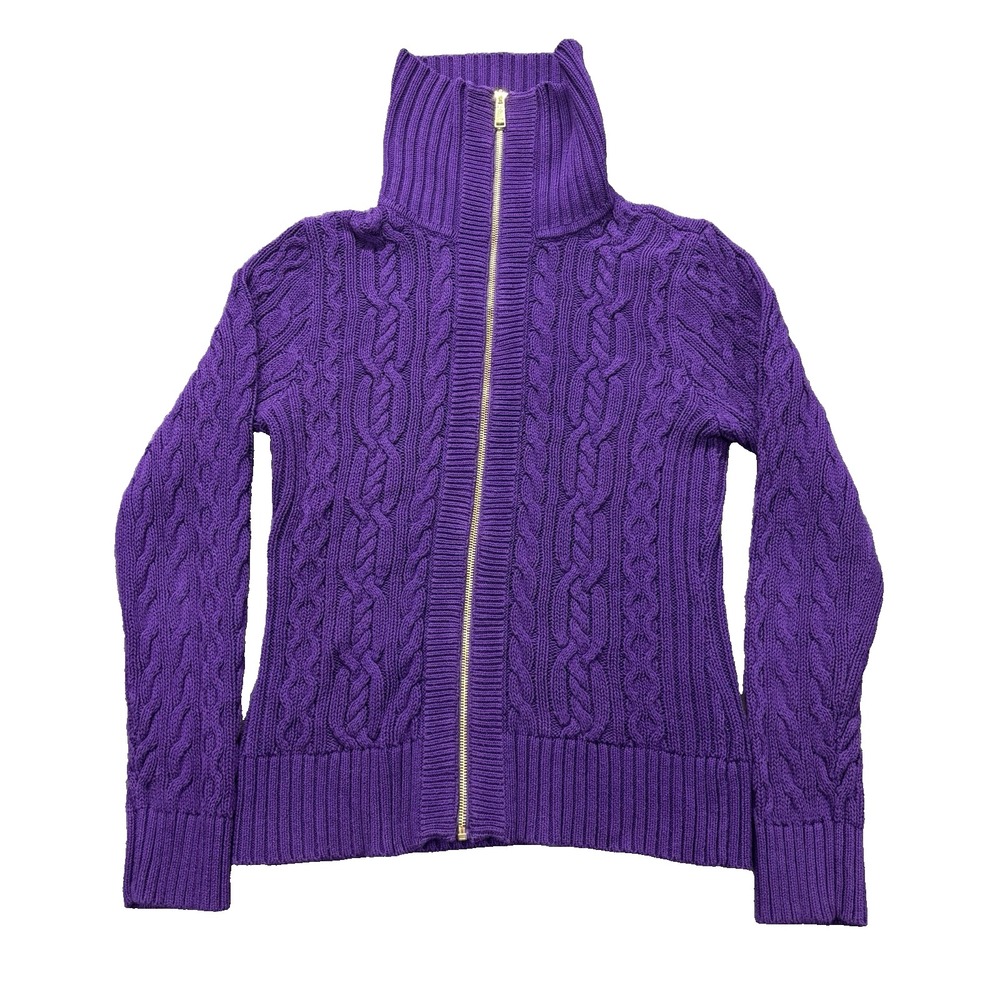 Lauren Ralph Lauren Cardigan Women L Cable Knit Full Zip Mock Neck Plum Purple